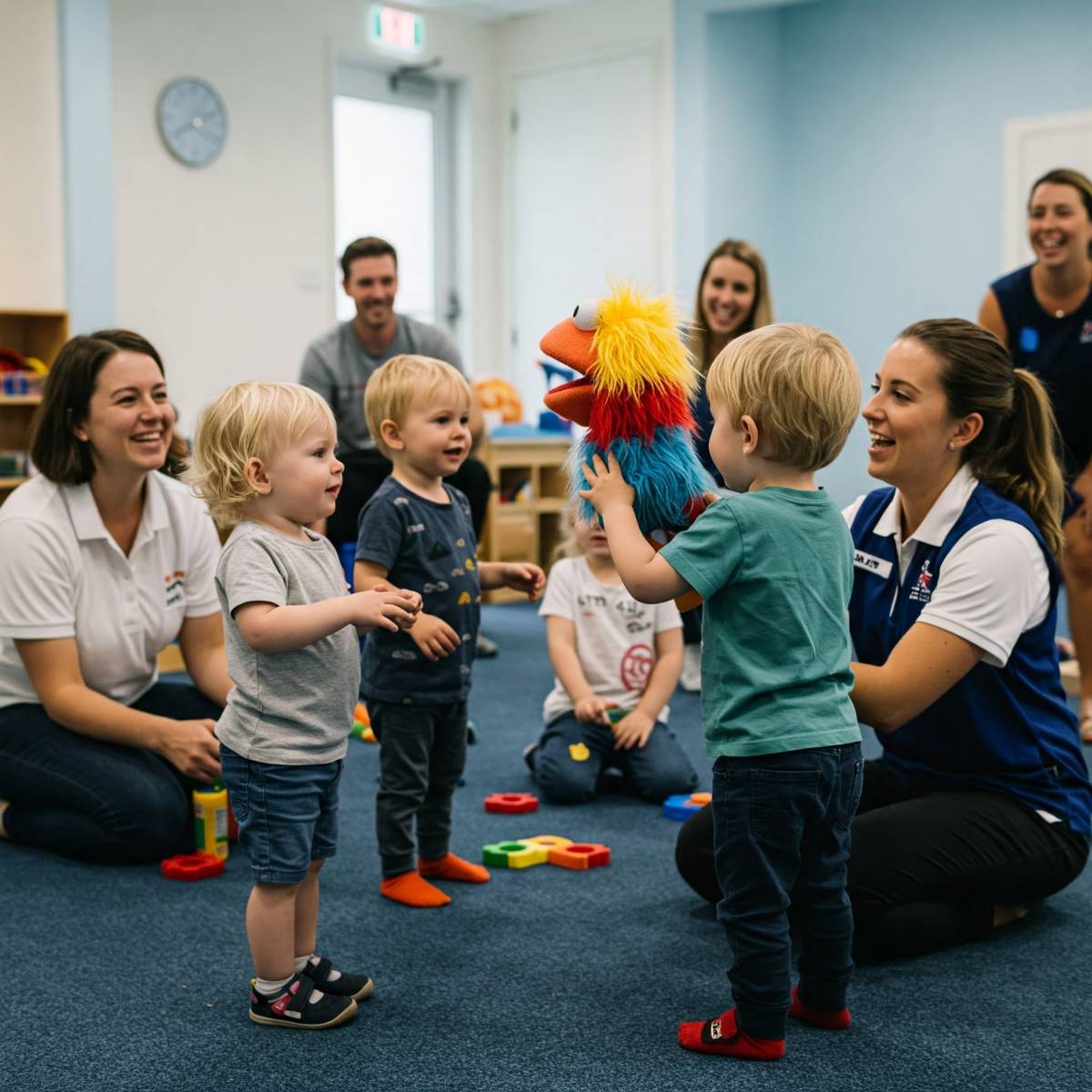 Enfant de 2 ans accompagné de son parent pendant un atelier d’anglais, jouant avec une marionnette dans une ambiance chaleureuse et ludique.