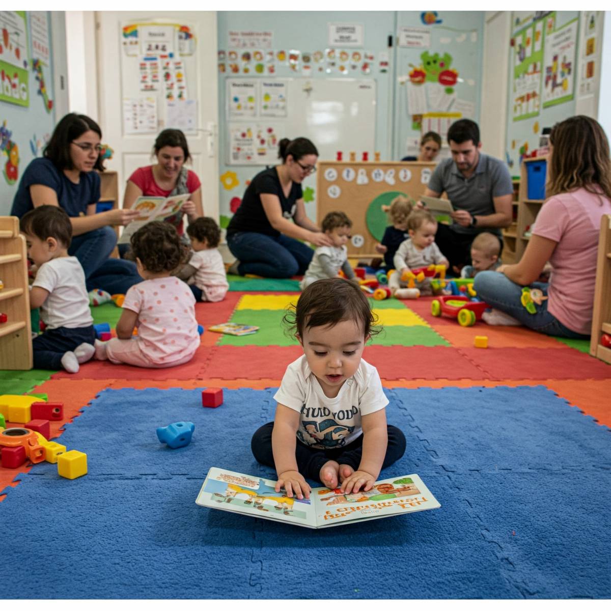 Maman et enfant de 2 ans découvrant une histoire en anglais dans un atelier