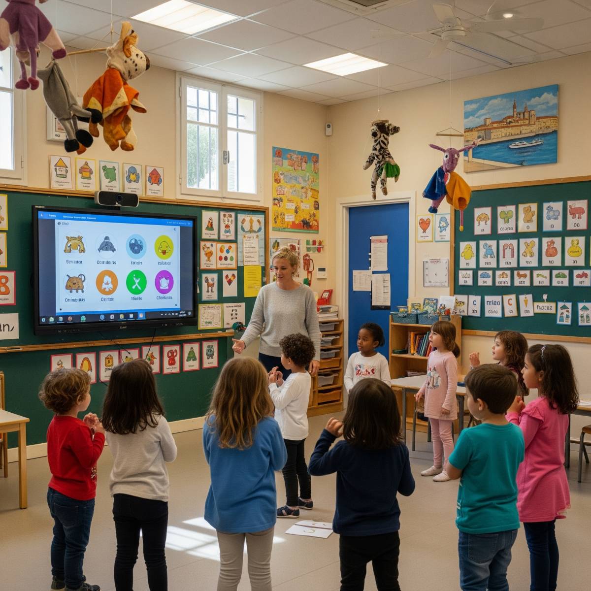 enfants de 4 à 8 ans interagissant joyeusement avec un enseignant dans une salle de classe colorée à Marseille 13014.