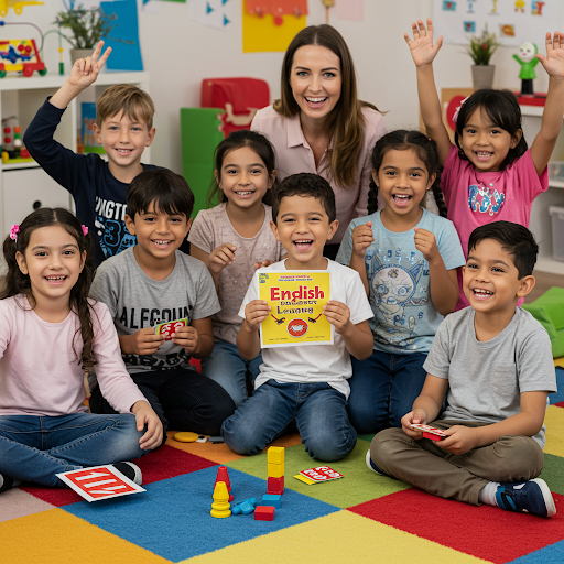 Un animateur bilingue guide un petit groupe d'enfants lors d'une activité basée sur la méthode Cambridge.